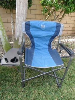 Outdoor Blue Director's Chair Foldout Table With Cell Phone Holder