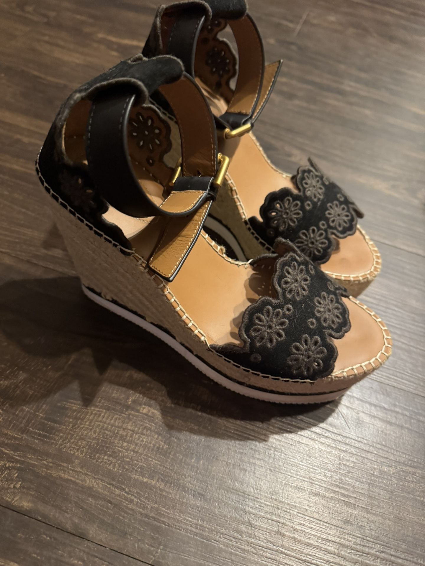See by Chloe Black Suede and Leather Floral Lasercut Espadrille Wedge Sandals