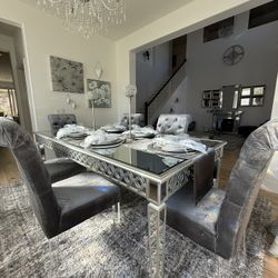Mirrored Dining Table With Velvet Tufted Dining Chairs (Set of 6)