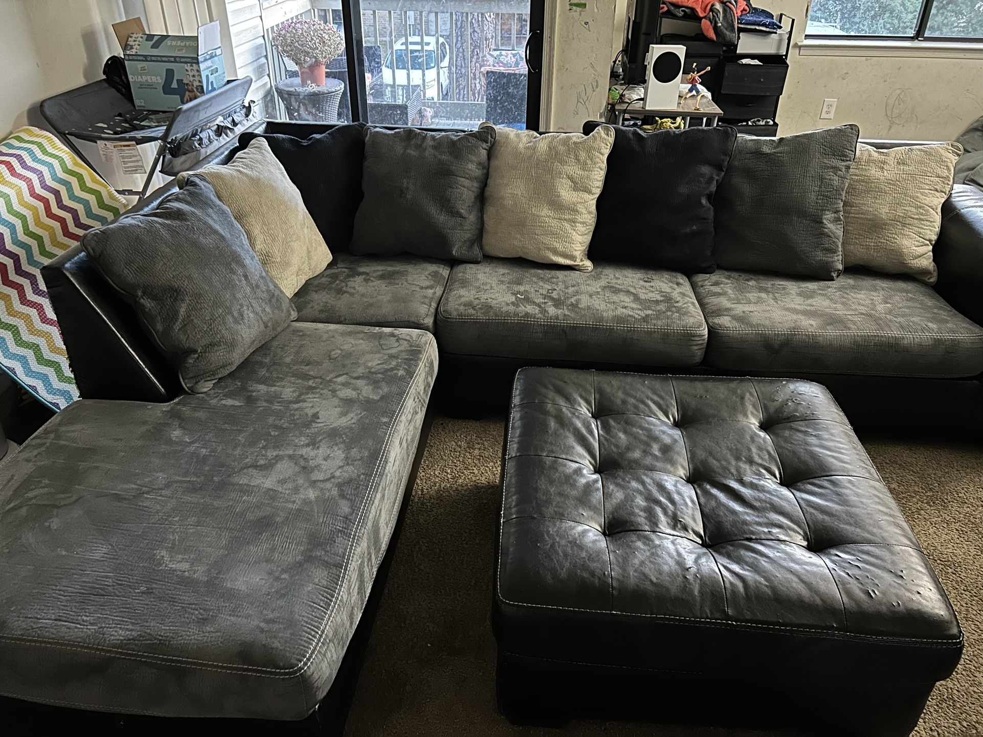 Leather & Fabric Sectional Set w/ Swivel Chair + Ottoman