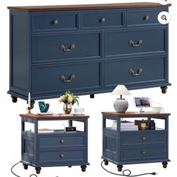 Joaxswe Bedroom Furniture Set, Includes 7 Drawer Dresser & 2 Pack 2 Drawer Nightstand with USB, Adult Farmhouse Dresser and Nightstand Sets, Navy