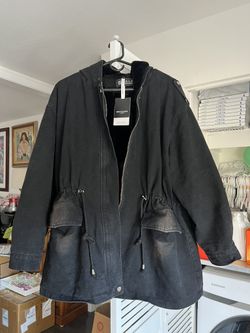 NWT! Women’s Denim mid-length jacket with soft fleece lining, adjustable drawstring waist for a flattering fit. Size: M (fit M to L)