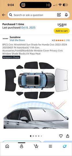 For 2022+  Civic Sedan all window sun shade