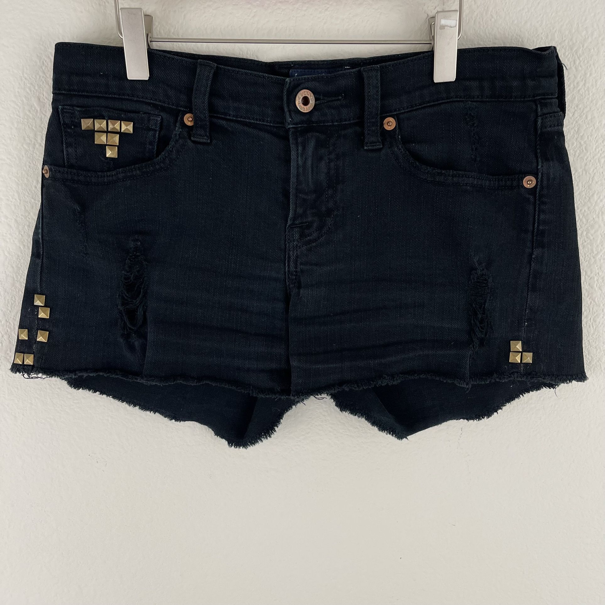 LUCKY BRAND Black Denim Distressed Raw Hem Low Rise Gold Studded Malibu Short