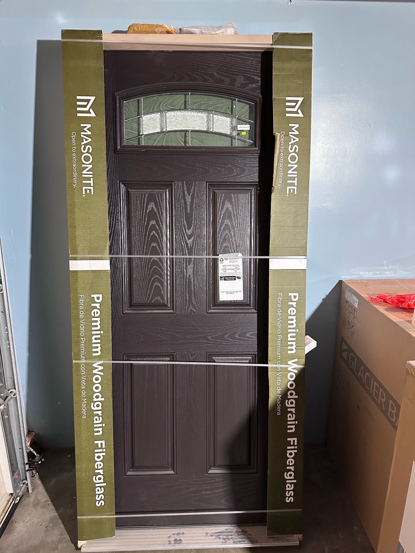 36x80 LH Inswing Espresso Fiberglass Front Door w/ Decorative Glass – NEW Prehung Puerta Exterior Moderna de Fibra de Vidrio con Vidrio Decorativo