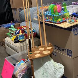 Six Pool Sticks With Holder And Pool Table Cover