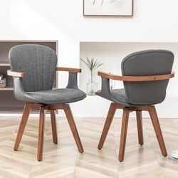 Swivel Dining Chairs Set of 2, Mid Century Modern Gray Fabric+Faux Leather Kitchen Chairs with Arms,Bamboo Legs Side Chairs No Wheels,Accent Chair for