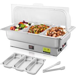 THXSUN Electric Chafing Dish 9QT Full Size, Electric Roll Top Buffet Warmer With Glass Lid, 400W Electric Food Warmer, Commercial Buffet Server For Ca