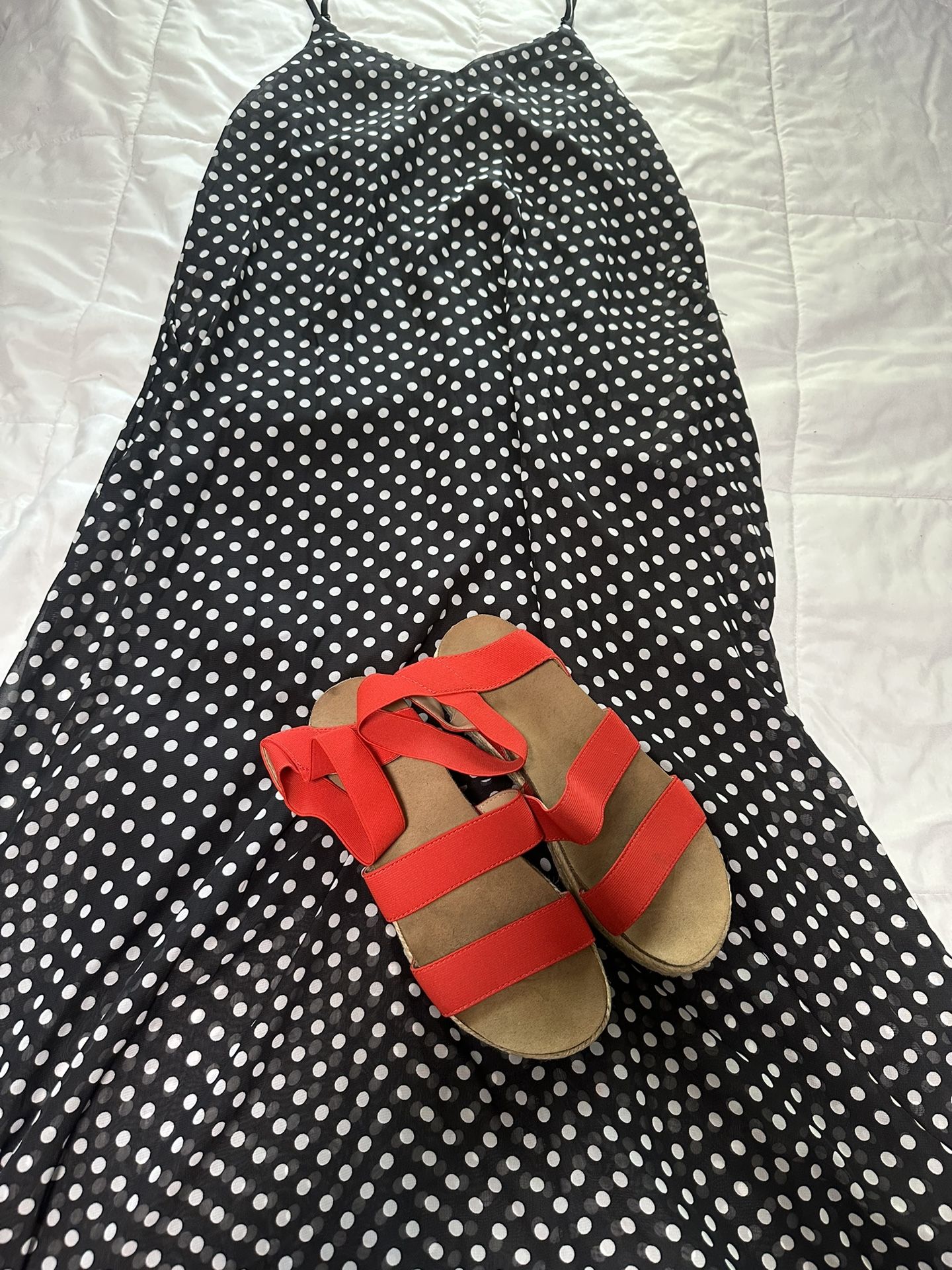 Polka Dot Sun Dress (M) with Red Strappy Sandals (9). OOTD