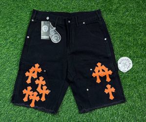 Chrome Hearts Black Denim Shorts Orange Cross Patches