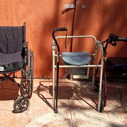 wheelchair, walker, toilet seat, table, cane
