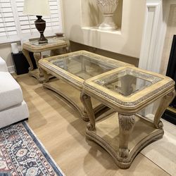 Coffee Table + 2 Side Tables – Solid Wood & Glass