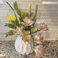 Pretty Faux Succulents In White Vase Home Decor 