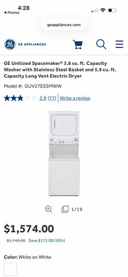 GE 3.8 cu ft capacity stackable washer/dryer