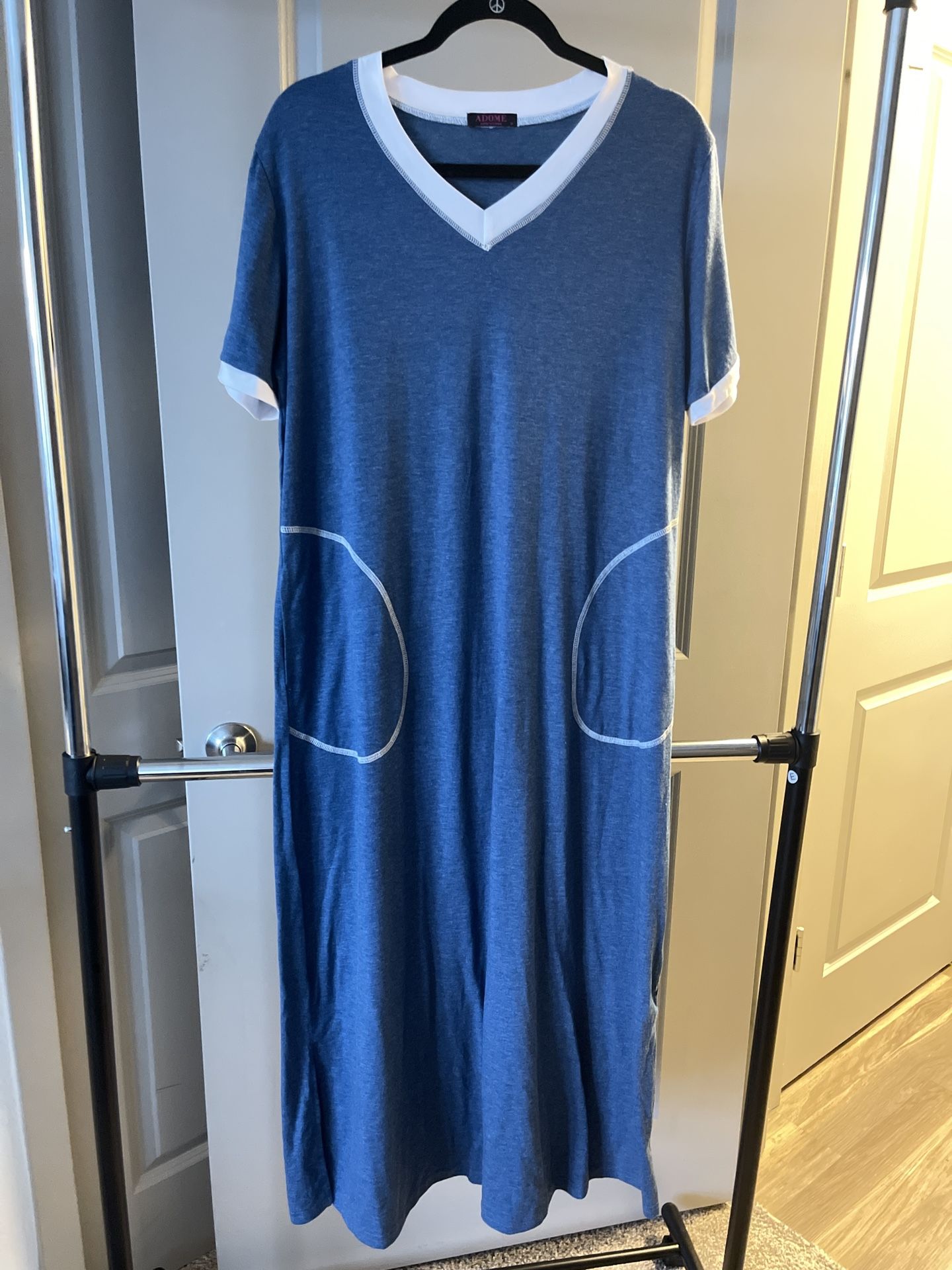 ADOME Long Nightgown for Women V Neck Short Sleeve Nightdress Loose Full Length Night wear with Pocket Slit on Sides SIZE M