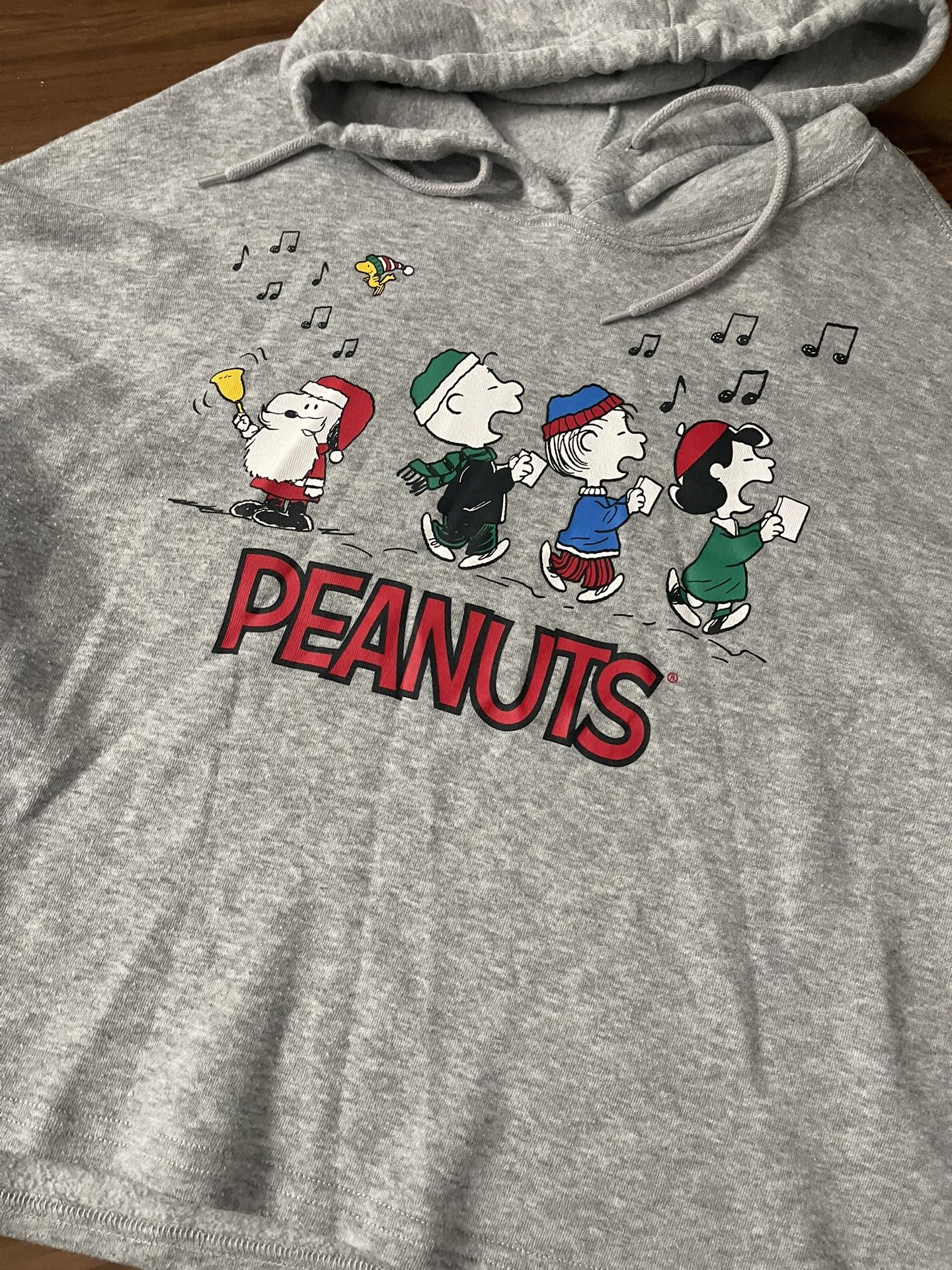 Snoopy Peanuts Christmas Cropped Sweatshirt Woman's XL Hoodie Gray Charlie Brown Lucy