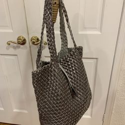 Large Beautiful Calvin Klein  Reversible Woven Gray / Metallic Silver Tote Bag With Detachable Pouch Width 16” And Height Is 13”