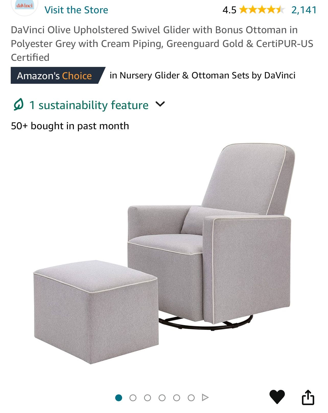 DaVinci Olive Upholstered Swivel Glider in Polyester Grey with Cream Piping, Greenguard Gold & CertiPUR-US Certified