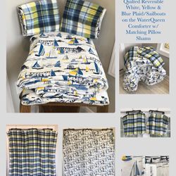 Poppy & Fritz Quilted Reversible Plaid/Sailboats on the Water Queen Comforter w/ Shams