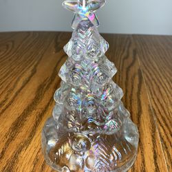 Vintage Carnival Glass Clear Glass Iridescent Christmas Tree, Teddy Bear Figure