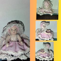 Collectable Vintage, 1:12th Scale, Doll House, Figurine, Porcelain, Doll, Victorian, Edwardian, Girl, Child, Toddler, in Pink Lace Dress, Hat, Present