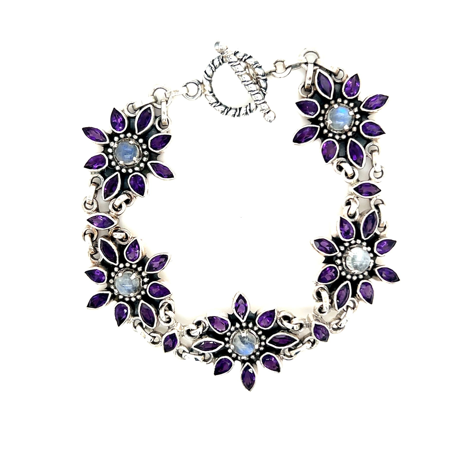 Silver Amethysts/Moonstone Floral Toggle Bracelet