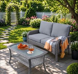 Ovios New Augtus Wicker Outdoor Loveseat with Dark Gray Cushions and Iron Frame
