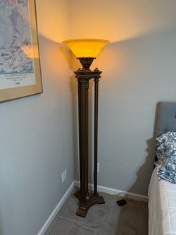 Stunning 6’ Ornate Torchiere Floor Lamp – Heavy Stone Base, Metal Columns & Marbleized Glass