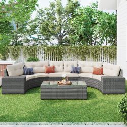 GO 8-pieces Outdoor Wicker Round Sofa Set, Half-Moon Sectional Sets All Weather, Curved Sofa Set With Rectangular Coffee Table, PE Rattan Water-resist