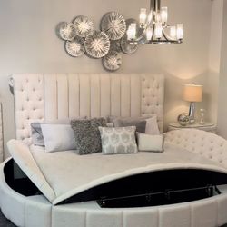 Beige Round Upholstered King & Queen Size Storage Bedframe W USB Ports - Mattress 