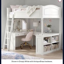 Pottery Barn Chelsea Vanity Loft Bed – Full Size – Desk + Mirror – White