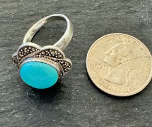 Solid 925 Silver Sleeping Beauty Turquoise Marcasite Floral Cocktail Ring Vintage