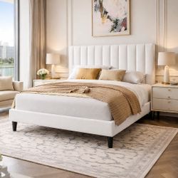Full Bed Velvet Bed Frame with Vertical Channel Tufted Wingback Headboard, Upholstered Platform Bed with Wood Slats, No Box Spring Needed, Easy Assem