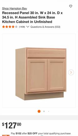 Shop Hampton Bay. Recessed Panel 30 in. W x 24 in. D x 34.5 in. H Assembled Sink Base Kitchen Cabinet in Unfinished