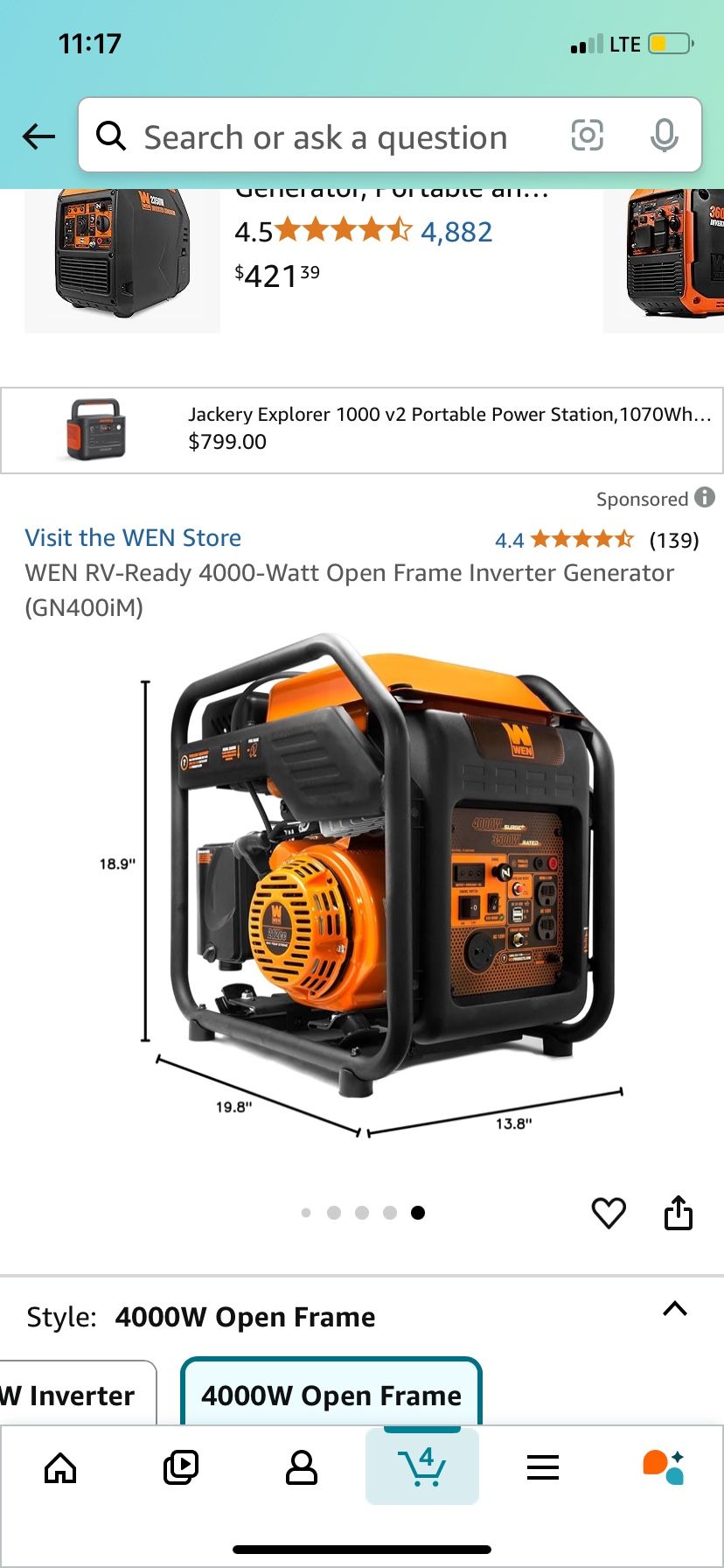 WEN RV-Ready 4000-Watt Open Frame Inverter Generator