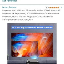 LEZOURA PROJECTOR WITH 4K VIEWING + AWOL RISING SCREEN 120" + PROJECTOR STAND.