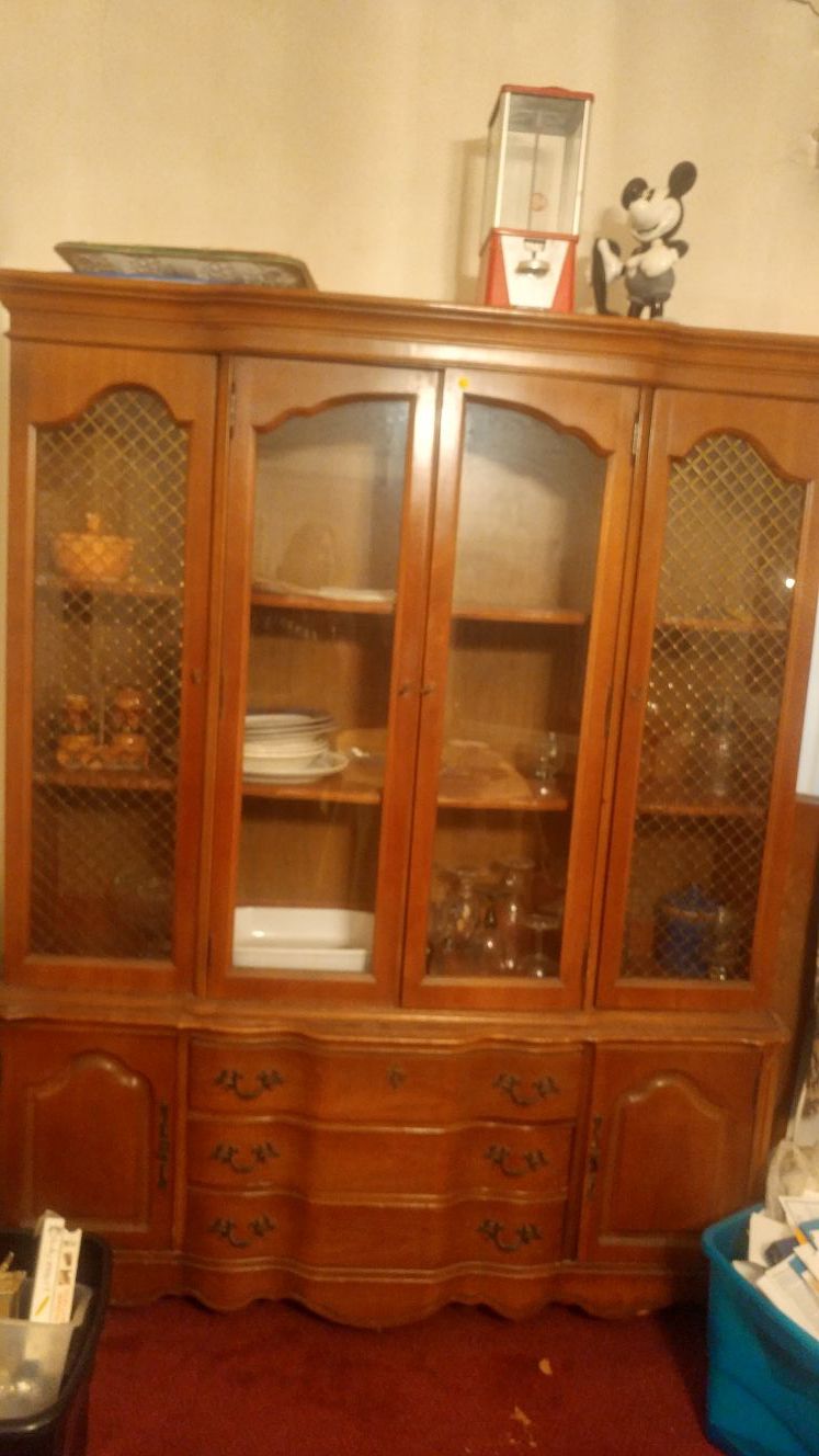 Contemporary maple and brass, four door glass China cabinet