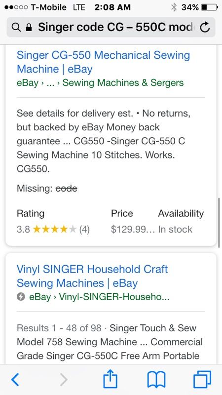 Singer sewing machine Singer code CG – 550C model number