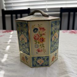 Belgian Decorative Tin Hexagonal Container with Floral Design