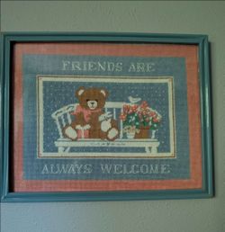 Framed Teddy Bear Cross Stitch Wall Art