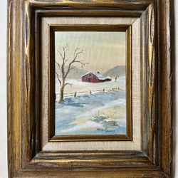 Vintage Framed And Signed 5”x7” Winter Landscape Painting Frame measures 9.5” x 11.5”
