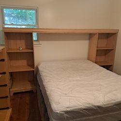 Queen  Shelving Headboard, Rail, and Queen Mattress w/boxspring