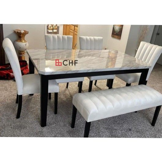 6 Pc Faux Marble Top Dining Table Set 64" x 38" x 30" H