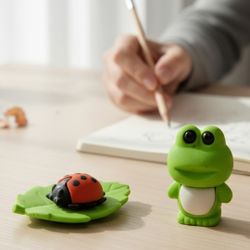 (Lot Of 2) 3D Puzzle 1" Miniature Multi-Color Erasers Figural Frog And Lady Bug. One is a bright green frog figure with black eyes and a white belly p