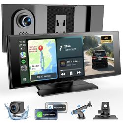WonVon Wireless Car Play Screen, 10.26'' Monitor with Apple Carplay & Android Auto, 4K Dash Cam