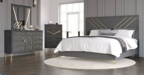 4PCS BEDROOM SET GRAY /GOLD (NC) QUEEN $1099 SE HABLA ESPAÑOL/ FREE LOCAL DELIVERY