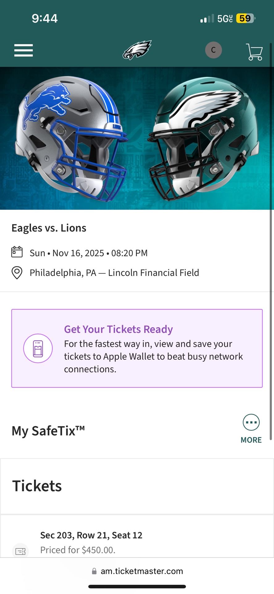 Pair of Eagles Tickets Detroit Lions vs Philadelphia Eagles 