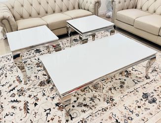 Custom Modern Tempered Glass And Steel Coffee Table With 2 Side Tables
