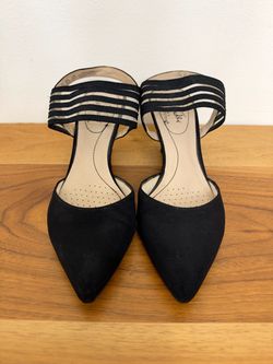 Black Pointed-Toe Heels with Striped Ankle Strap