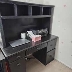 Black Wooden Desk With Hutch And File Cabinet Drawers